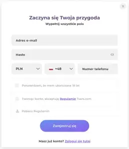 Formularz rejestracyjny w kasynie Tsars