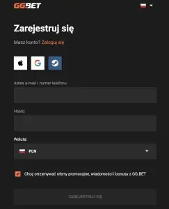 Formularz rejestracyjny kasyna GG.Bet