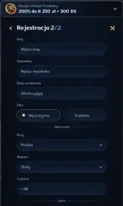 Formularz rejestracyjny w kasynie Millioner