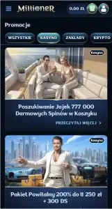 Strona główna kasyna Millioner w wersji mobilnej