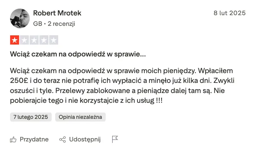 Opinia użytkownika o e-portfelu Neteller na stronie TrustPilot