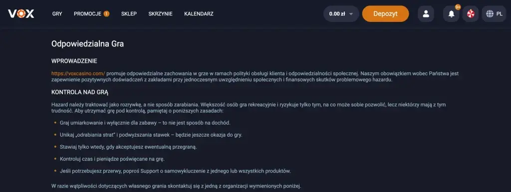 VOX - odpowiedzialna gra w kasynie online pln