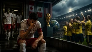 Wizualizacja załamanej reprezentacji Polski w piłce nożnej po przegranych barażach do Mistrzostw Świata 2026 ze Szwecją