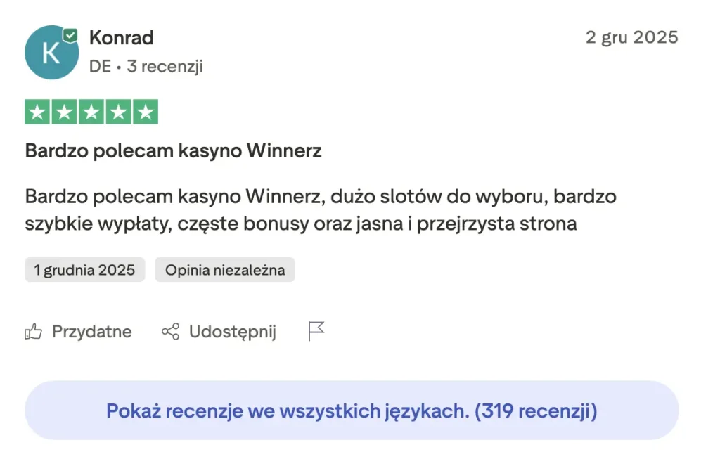 Opinia klienta na Trustpilot o kasynie Winnerz