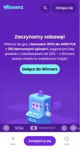 Widok mobilny kasyna Winnerz - strona główna